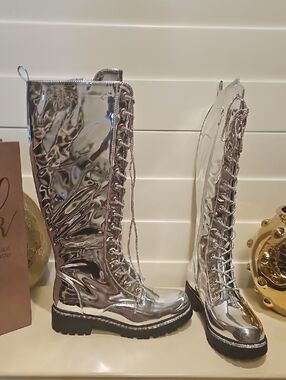 New Silver Metallic Lace-Up Knee-High Boots - Women's